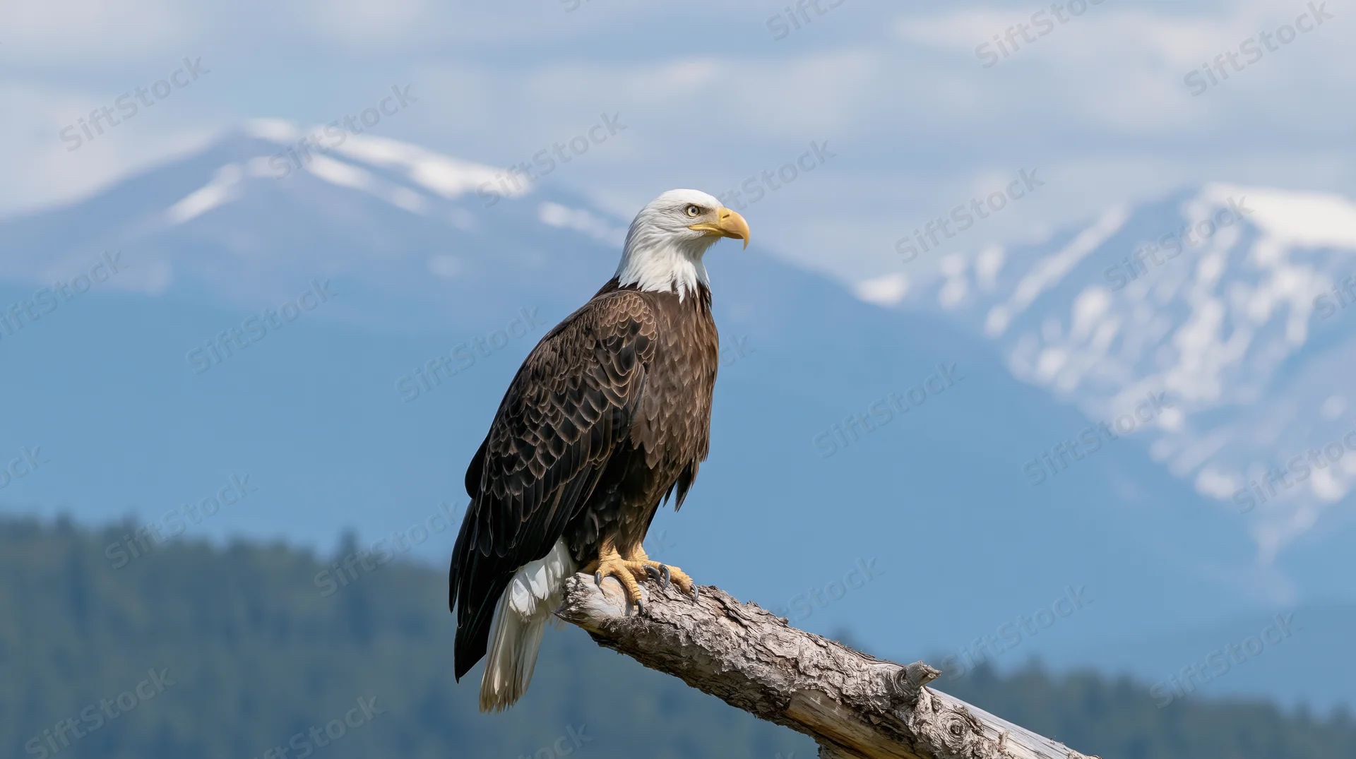 Bald eagle perched upright on a weathered driftwood branch with snow-capped mountains in the background