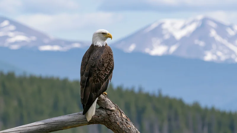Bald eagle perched upright on a weathered driftwood branch with snow-capped mountains and forest in the background