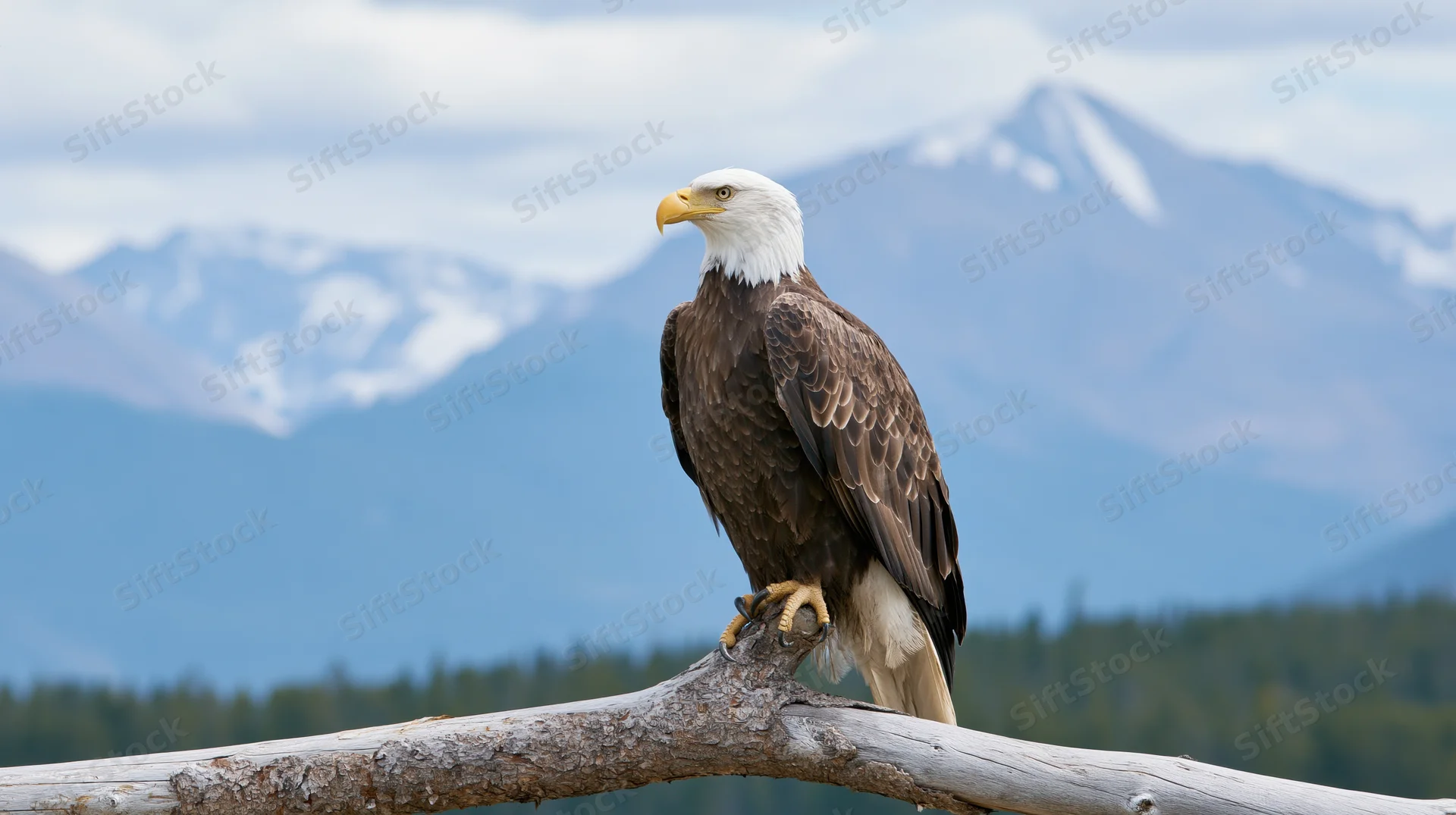 Bald eagle perched upright on a weathered driftwood branch with snow-capped mountains in the background