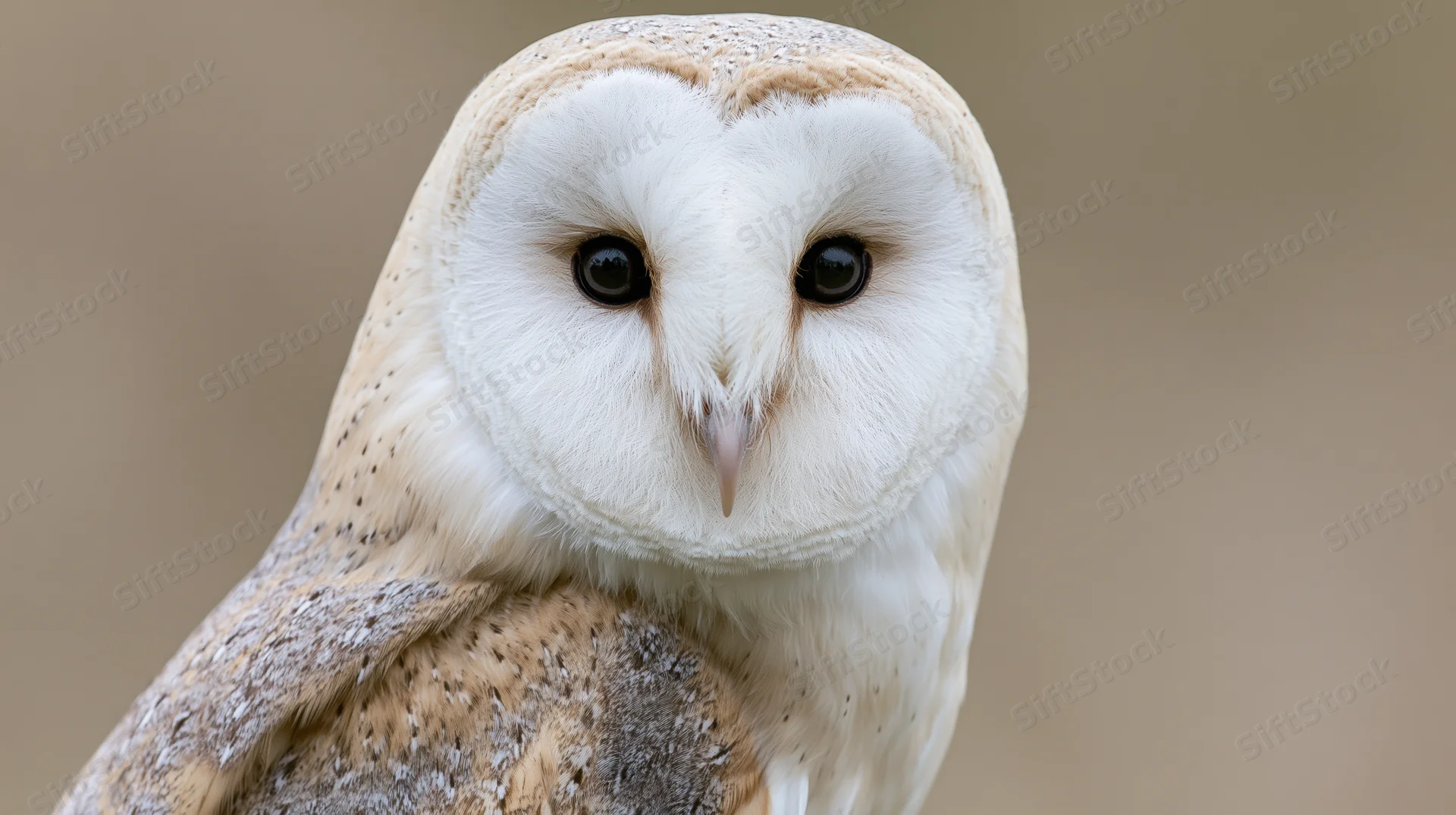 Barn owl facing forward with heart-shaped face and dark eyes, close-up portrait against neutral background