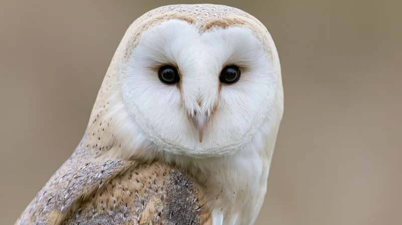Barn owl facing forward with heart-shaped face and dark eyes, close-up portrait against neutral background