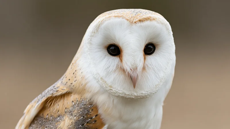 Barn owl facing forward with heart-shaped face and dark eyes, close-up portrait against blurred natural background
