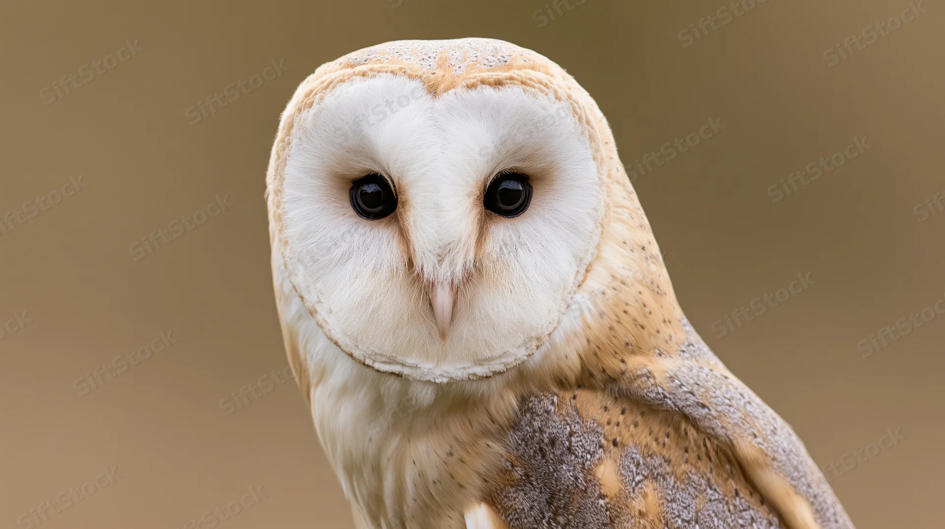 Barn owl facing forward with round white face and dark eyes, perched against a neutral background