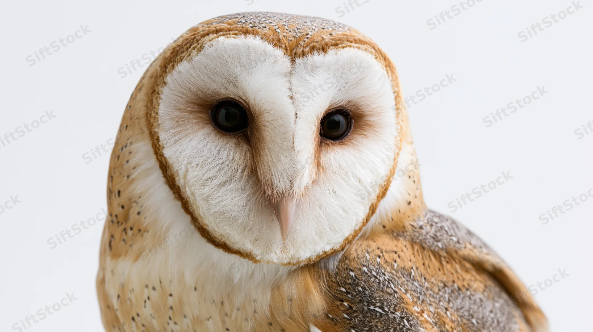 Barn owl facing camera in close-up studio portrait with white background
