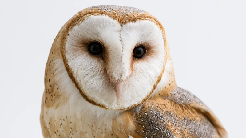 Barn owl facing camera in close-up studio portrait with white background