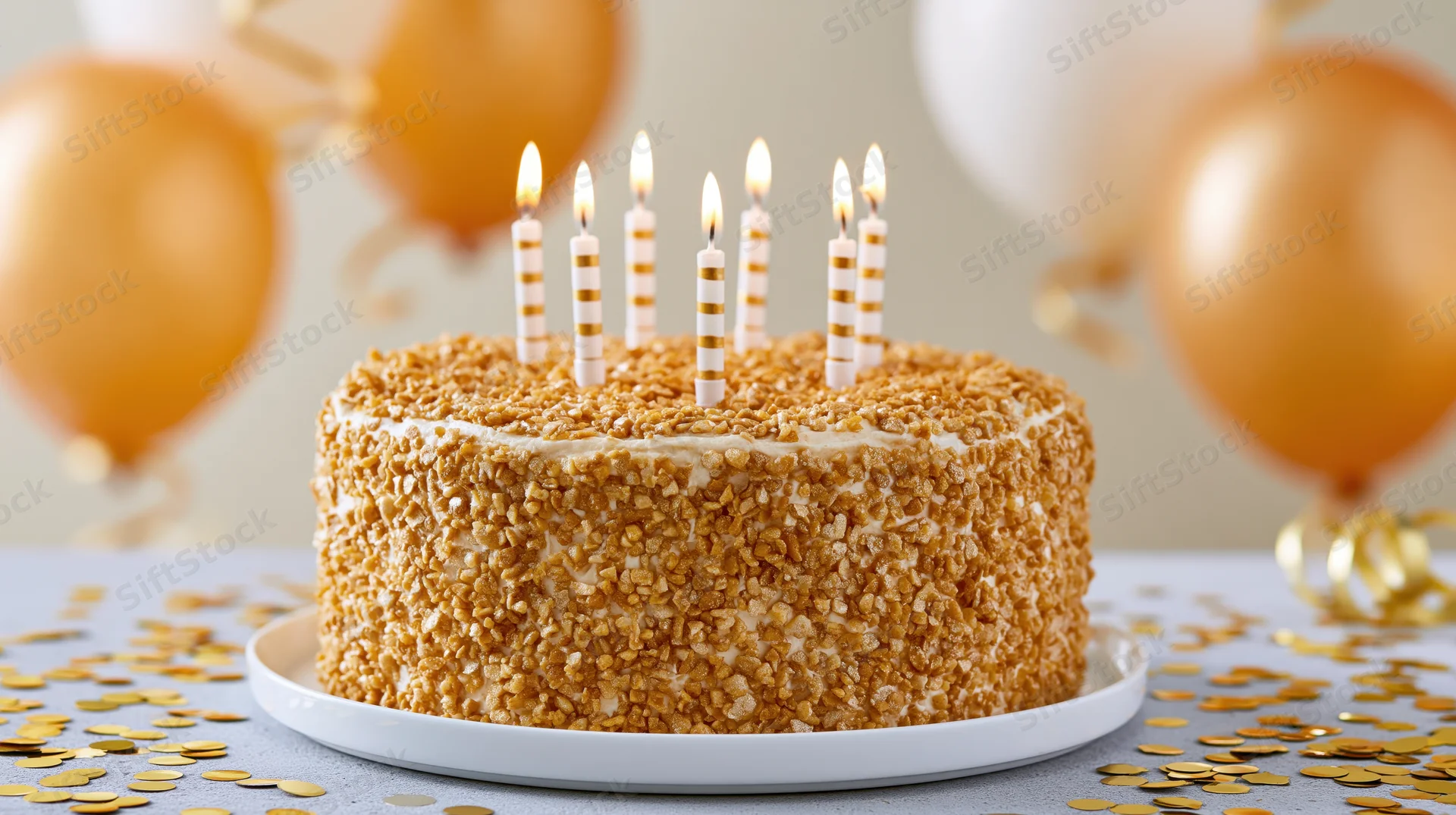 Round birthday cake with lit candles and gold sprinkles on a plate surrounded by balloons and confetti