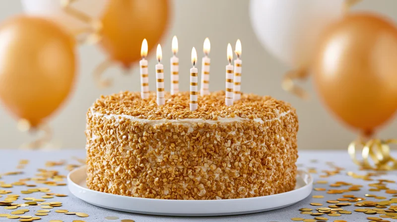 Round birthday cake with lit candles and gold sprinkles on a plate surrounded by balloons and confetti