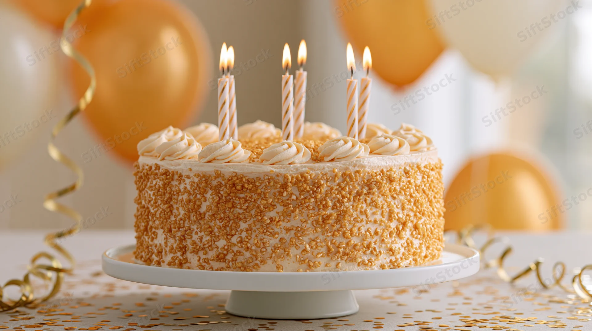 Birthday cake with lit candles and gold sprinkles on a stand surrounded by balloons and confetti