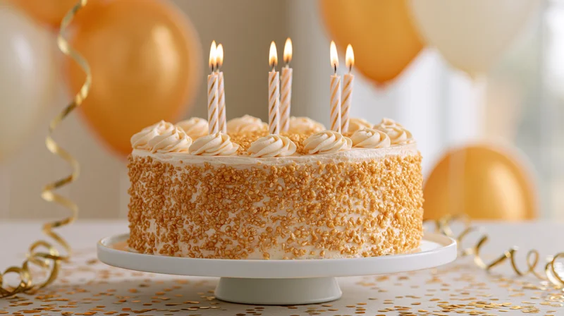 Birthday cake with lit candles and gold sprinkles on a stand surrounded by balloons and confetti