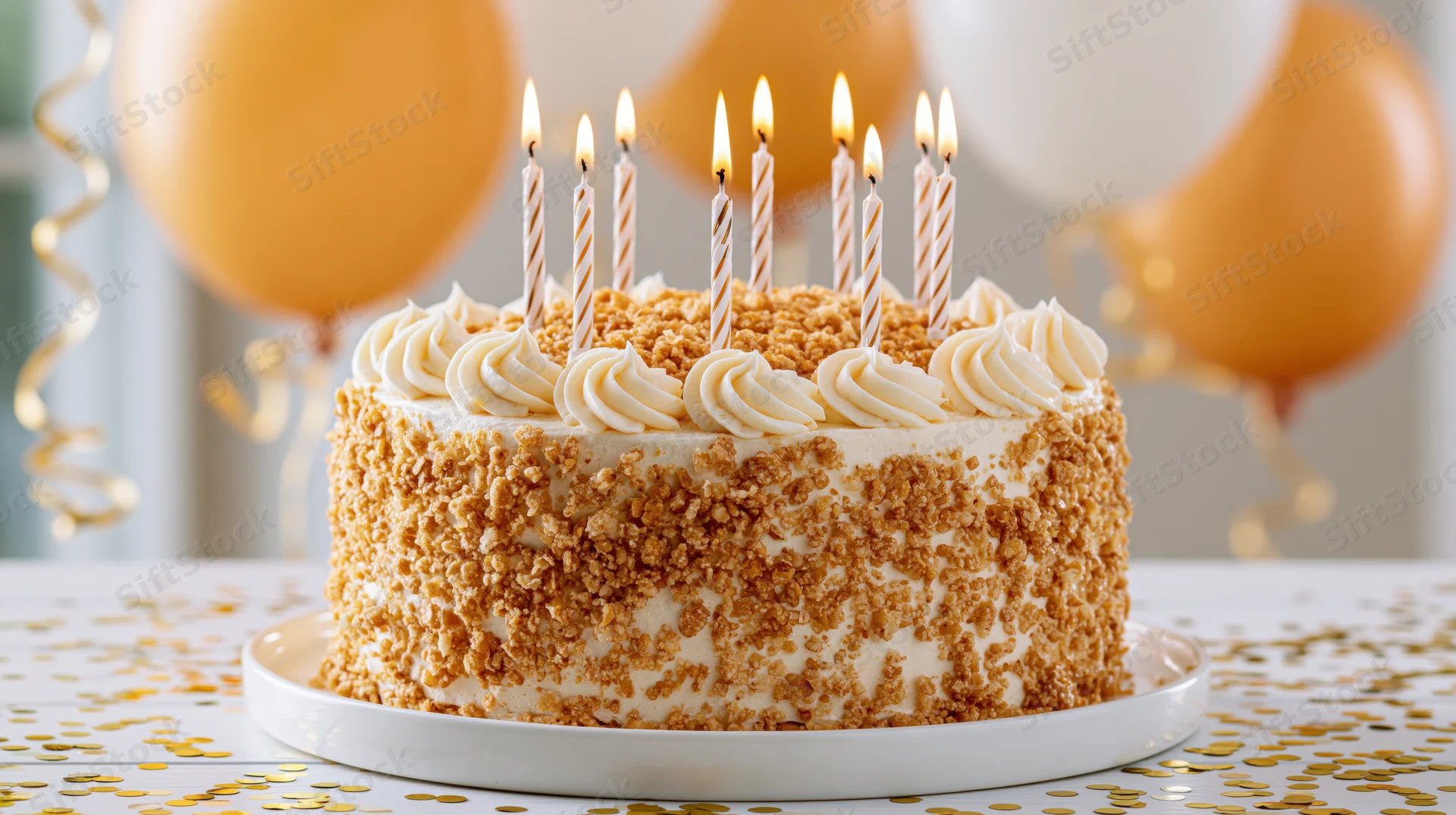 Birthday cake with lit candles and gold sprinkles on a table with balloons and confetti