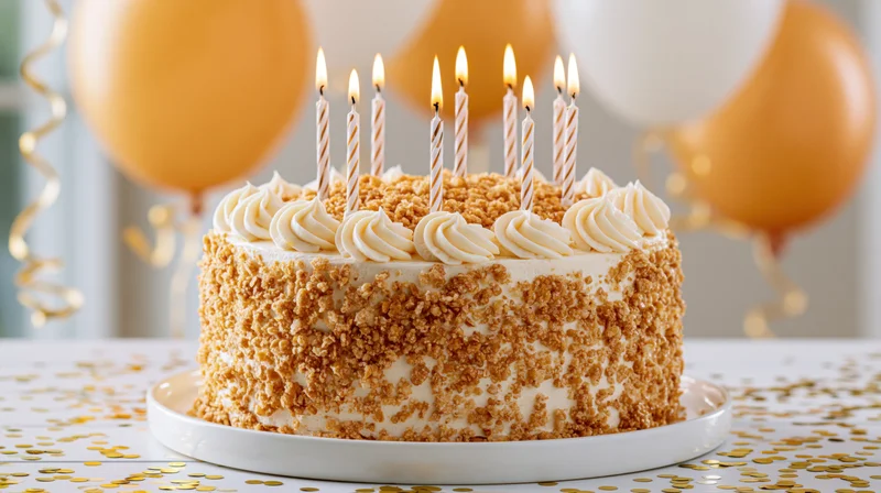 Birthday cake with lit candles and gold sprinkles on a table with balloons and confetti