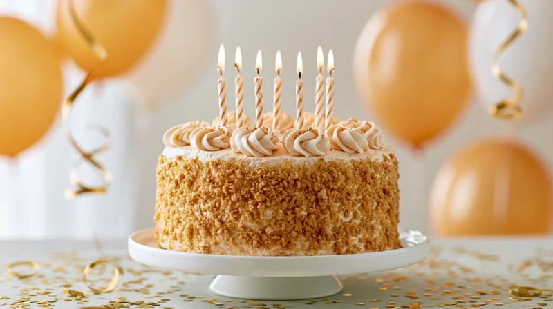 Birthday cake with lit candles and golden sprinkles on a stand surrounded by balloons and confetti