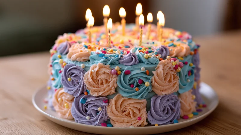 Birthday cake with lit candles and multicolored buttercream rosettes on a wooden table