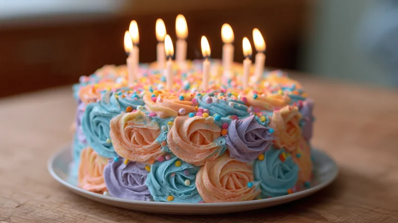 Birthday cake with lit candles and pastel buttercream rosettes on a wooden table