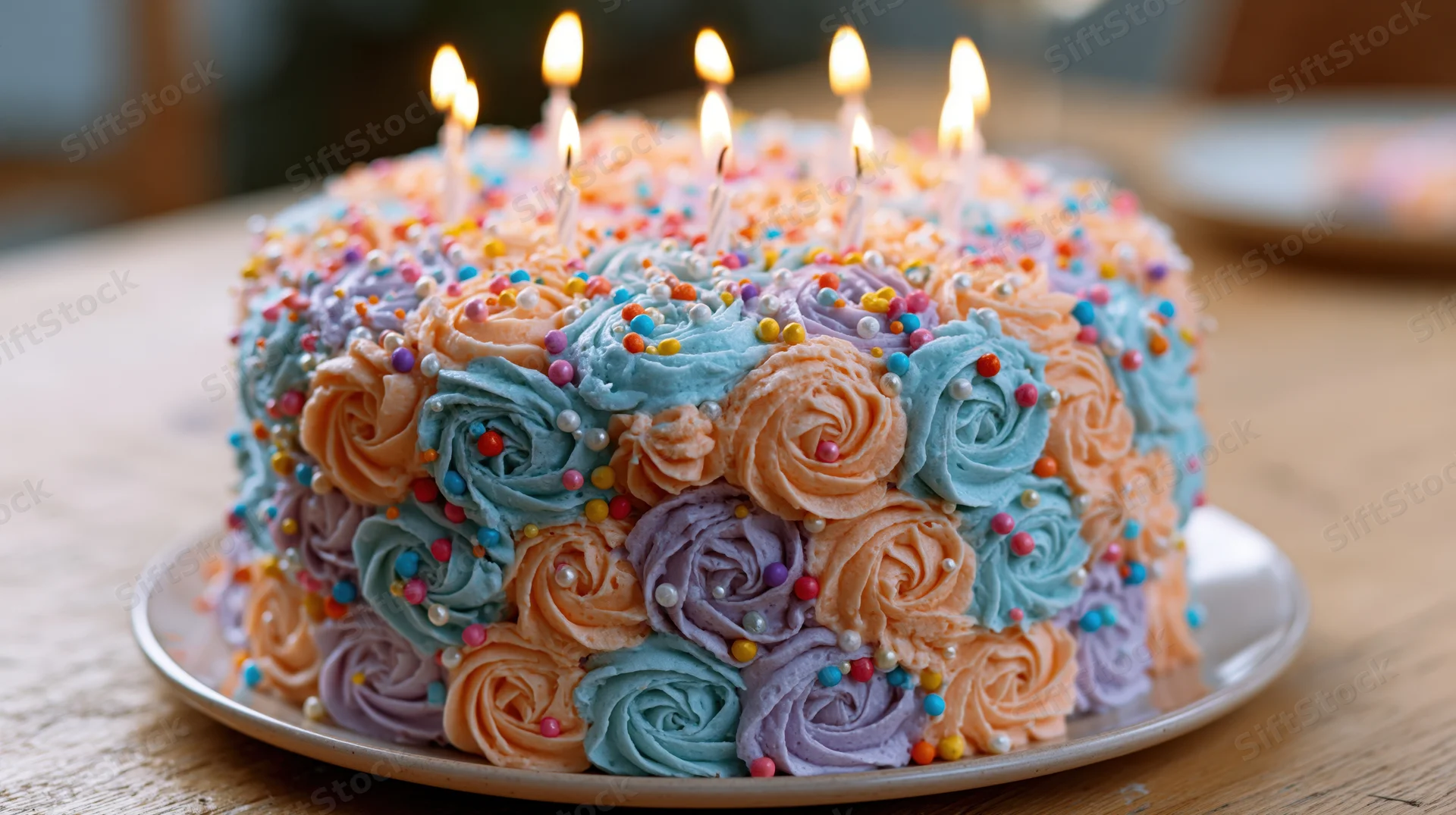 Birthday cake with lit candles and multicolored buttercream rosettes on a wooden table