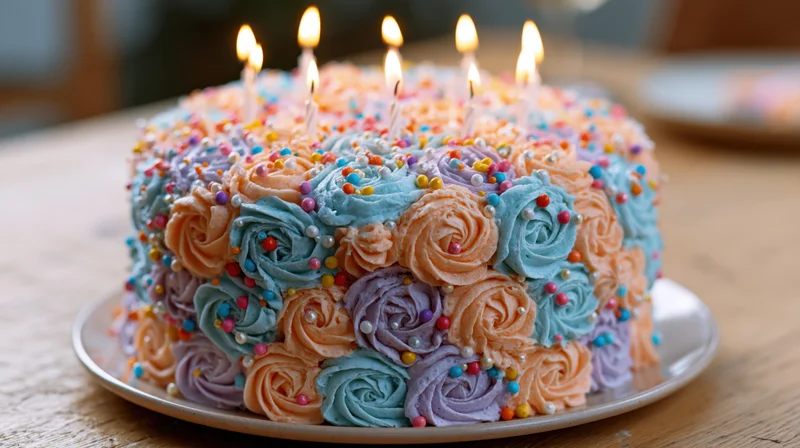 Birthday cake with lit candles and multicolored buttercream rosettes on a wooden table