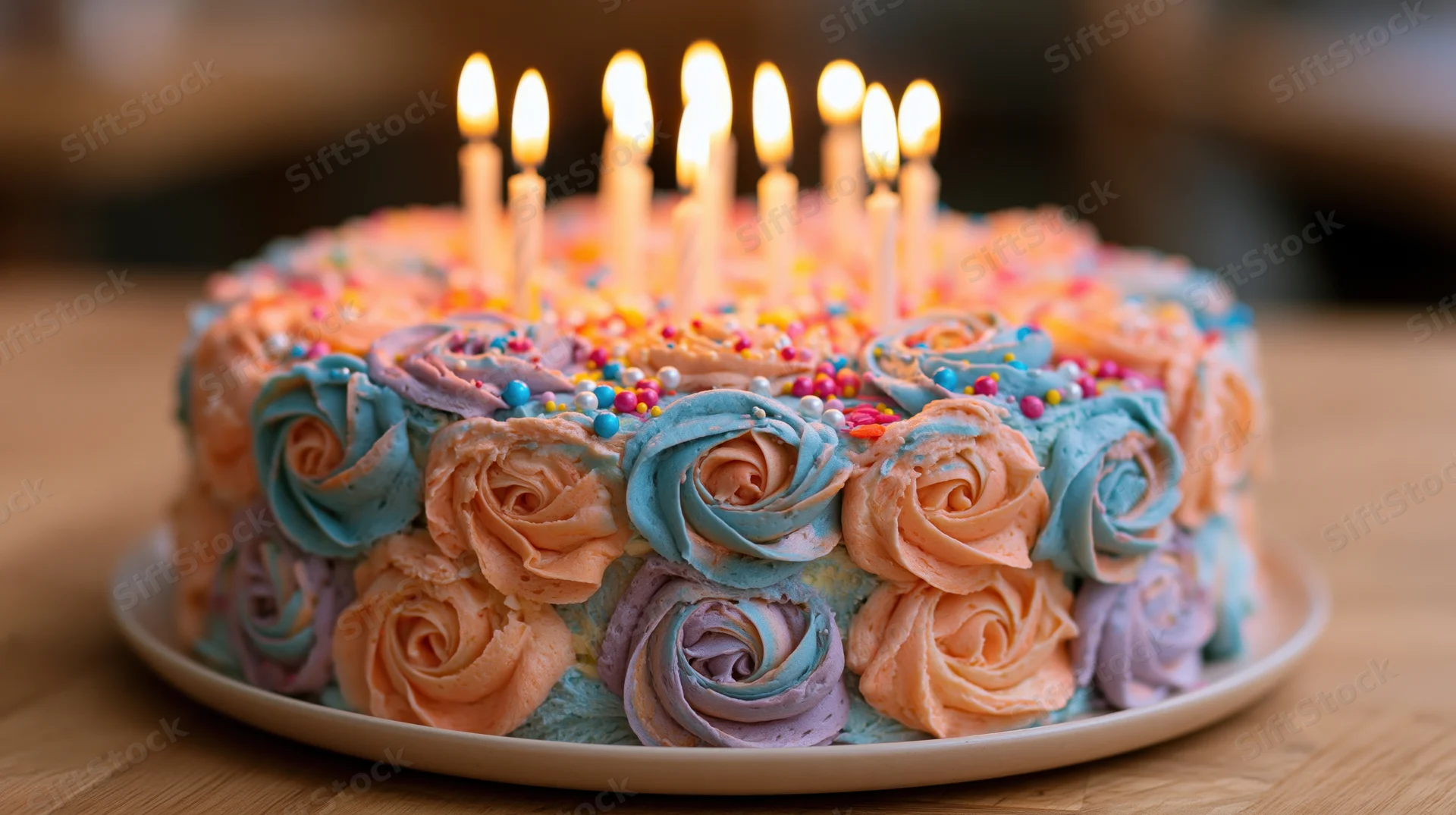 Birthday cake with lit candles and multicolored buttercream rosettes on a wooden table