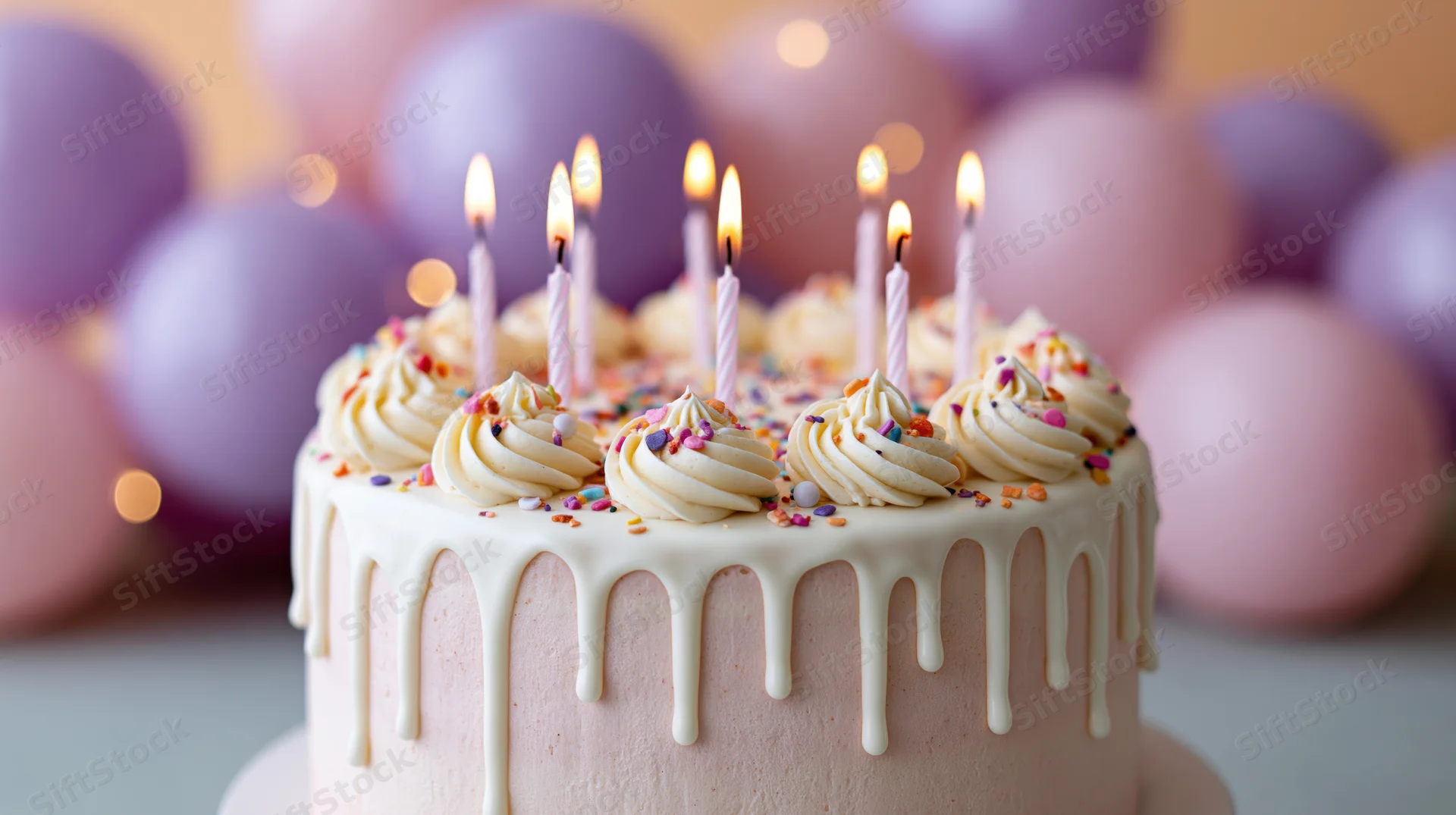 Birthday cake with lit candles and white frosting drips, decorated with sprinkles and swirls, set against blurred pastel balloons
