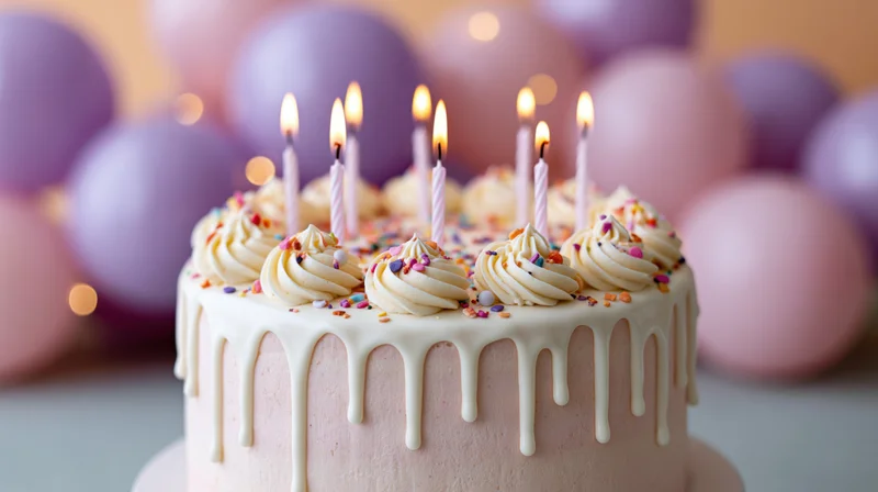 Birthday cake with lit candles and white frosting drips, decorated with sprinkles and swirls, set against blurred pastel balloons