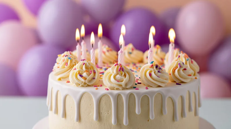 Birthday cake with lit candles and white frosting drips on top, decorated with sprinkles and swirls, set against a background of pink and purple balloons