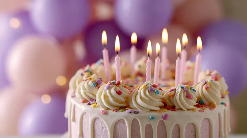 Birthday cake with lit candles and white frosting drips, decorated with sprinkles and swirls, set against blurred balloons in purple and pink hues