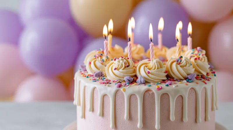 Pink birthday cake with lit candles and white frosting drips, decorated with sprinkles, set against blurred pastel balloons