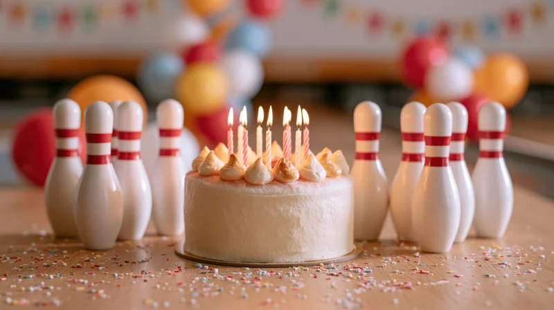 Birthday cake with lit candles centered on a wooden bowling lane surrounded by pins and party decorations