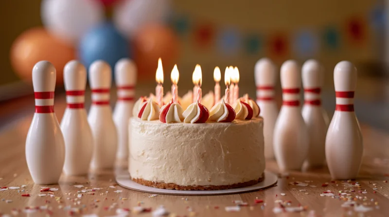 Birthday cake with lit candles centered on a wooden bowling lane surrounded by pins and confetti