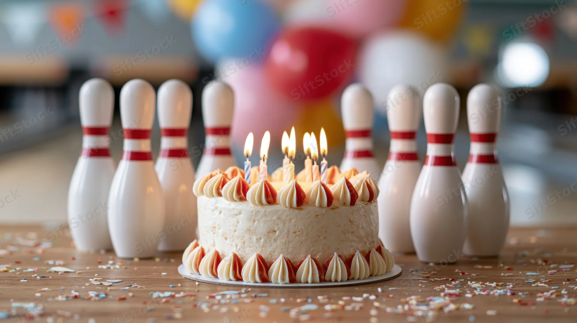 Birthday cake with lit candles on wooden lane surrounded by bowling pins and confetti