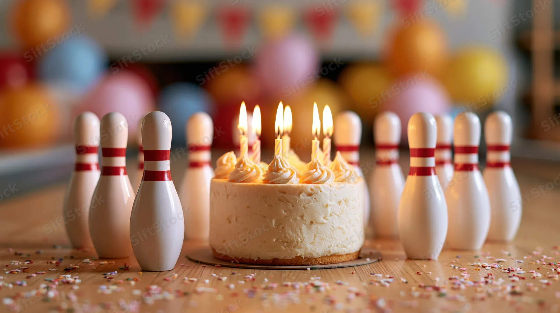 Birthday cake with lit candles centered on a wooden bowling lane surrounded by pins and party decorations