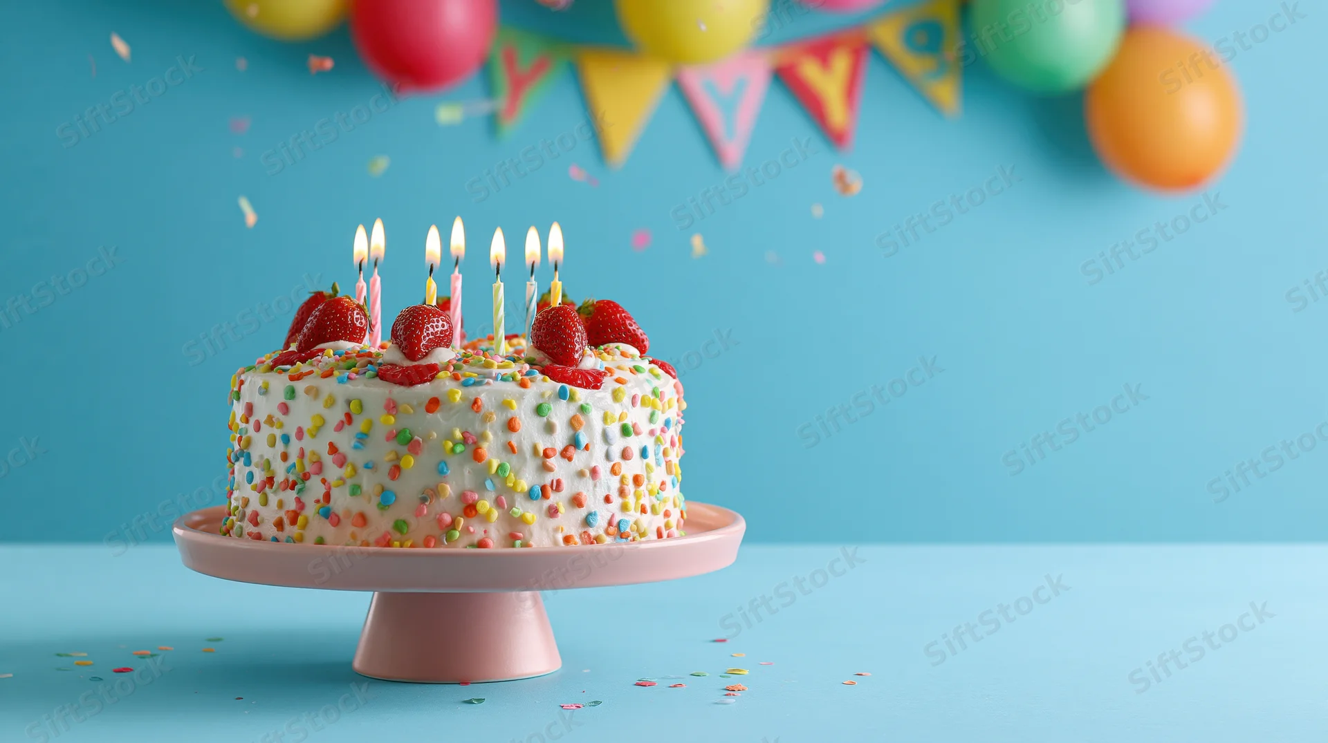 Birthday cake with lit candles and strawberries on a pink cake stand against a blue background with balloons and banner