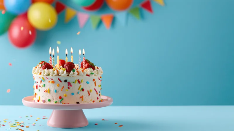 Birthday cake with lit candles and strawberries on a pink stand against a blue background with balloons and bunting