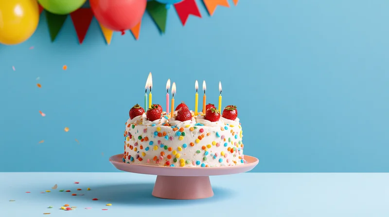Birthday cake with lit candles and strawberries on a pink cake stand against a blue background with balloons and bunting above