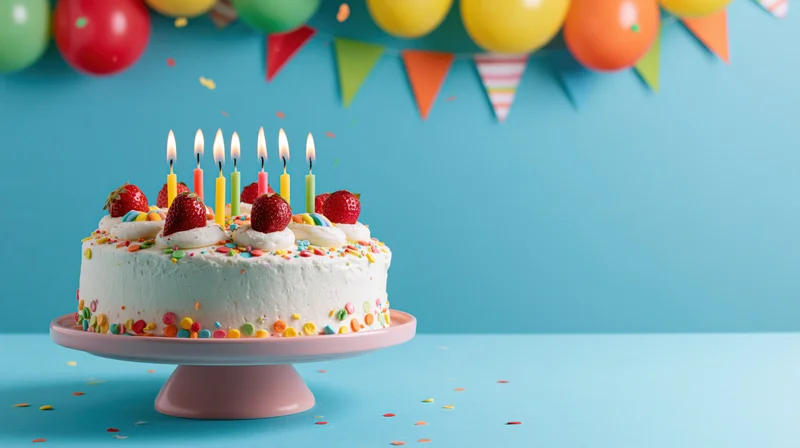 Birthday cake with lit candles and strawberries on a pink stand against a blue background with balloons and bunting