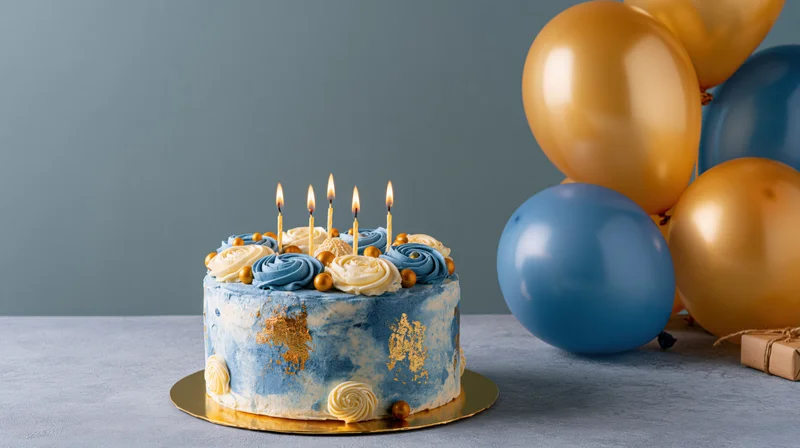Birthday cake with lit candles and blue and gold balloons on a table