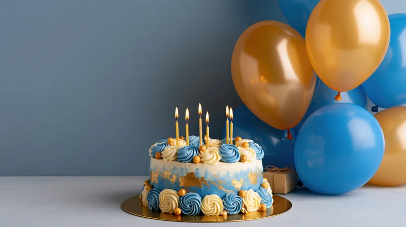 Birthday cake with lit candles and blue gold balloons on table