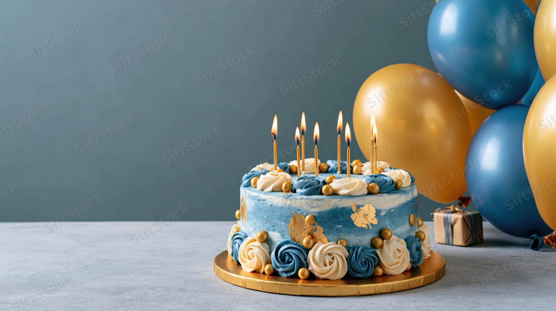Birthday cake with lit candles and blue gold decorations on table near balloons and gift