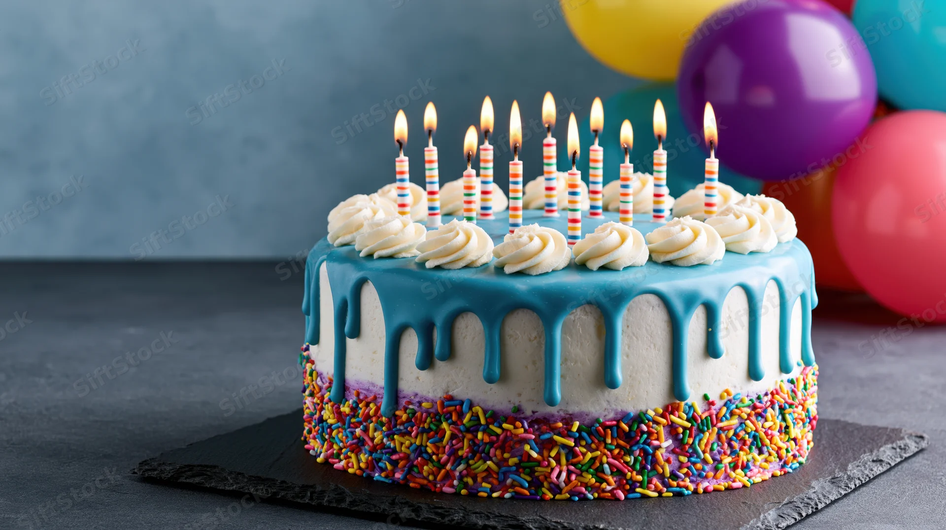 Birthday cake with lit candles and colorful sprinkles on dark slate surface, balloons in background