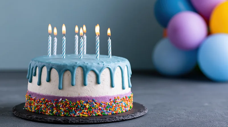 Birthday cake with lit candles and colorful sprinkles on a dark slate surface, balloons in background