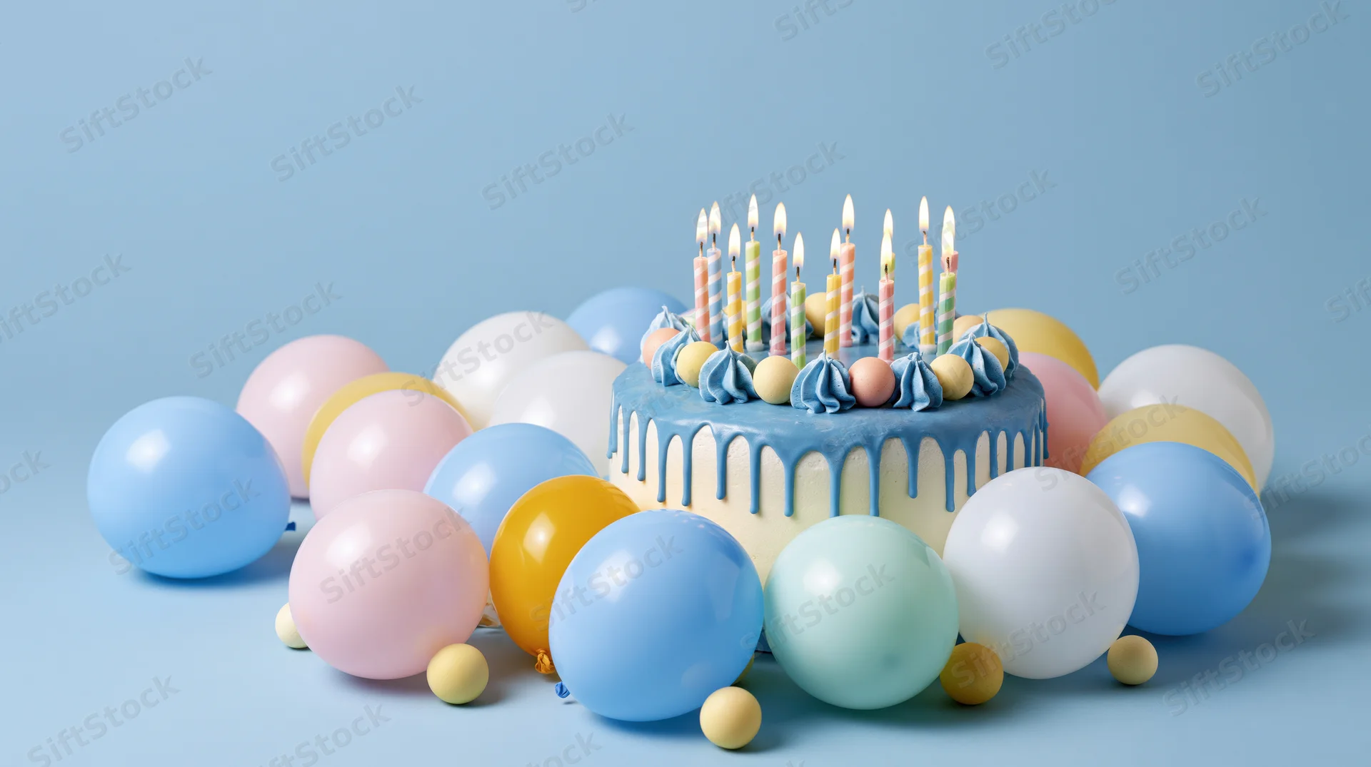 Birthday cake with lit pastel striped candles and blue drip frosting surrounded by pastel balloons on a light blue surface