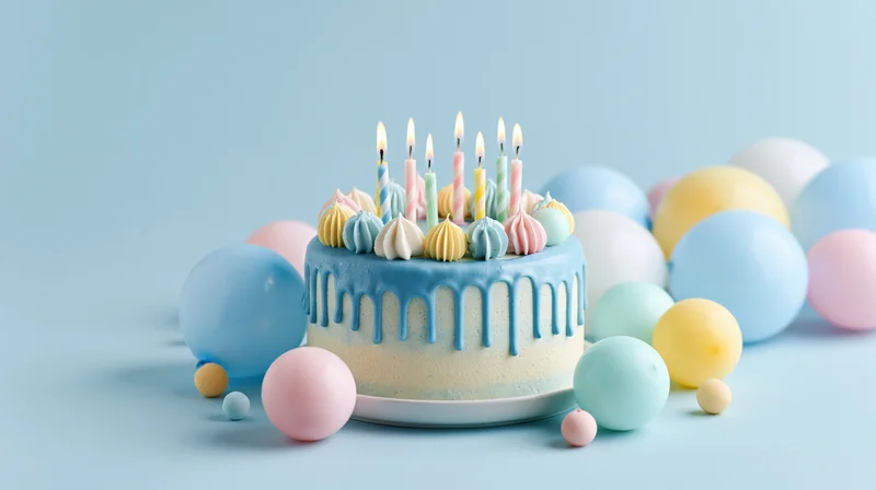 Birthday cake with lit pastel striped candles and blue drip frosting surrounded by pastel balloons on a light blue surface