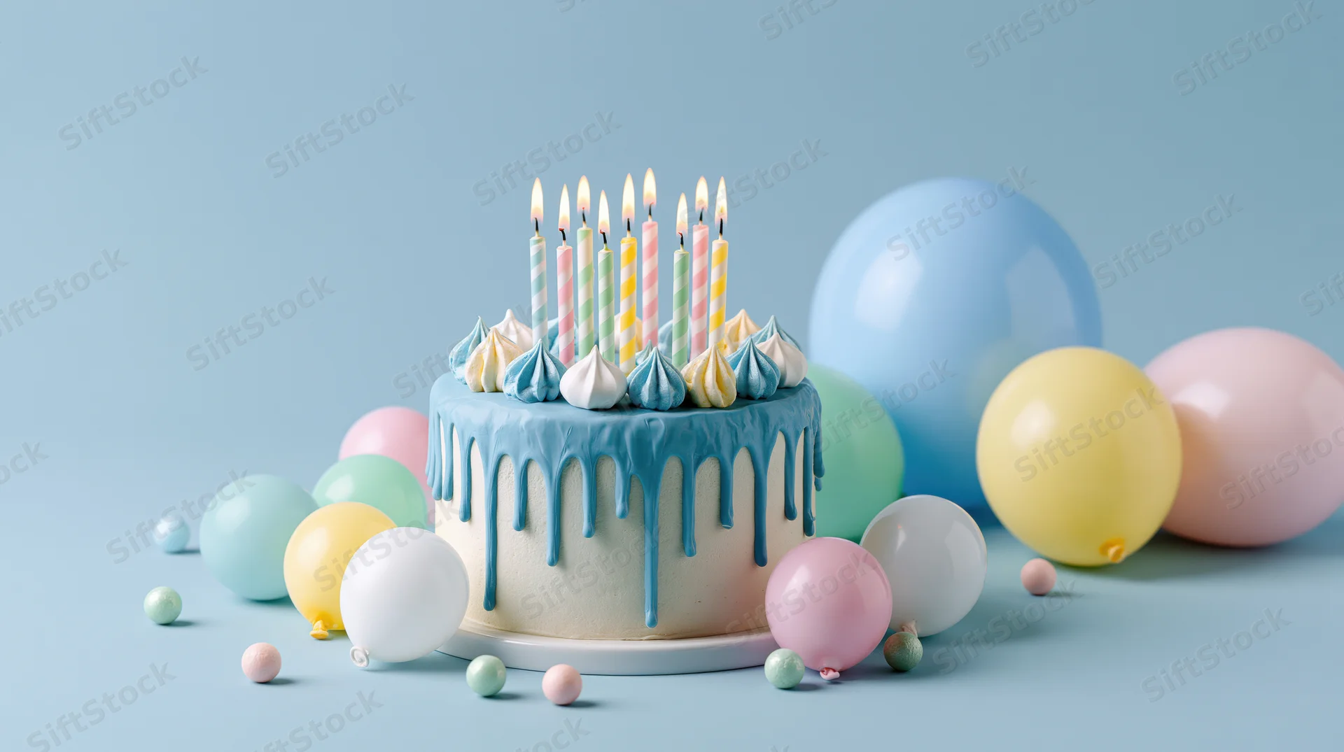 Birthday cake with lit pastel striped candles and blue drip frosting surrounded by colorful balloons on a light blue background