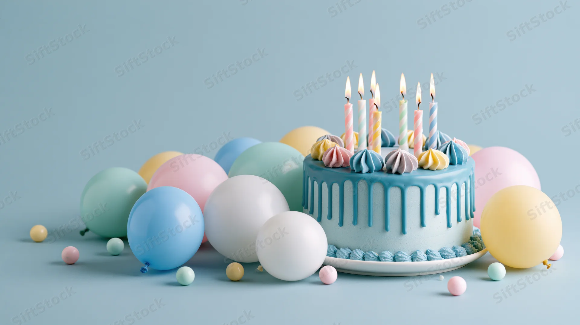 Blue drip cake with lit pastel candles surrounded by pastel balloons on a light blue surface