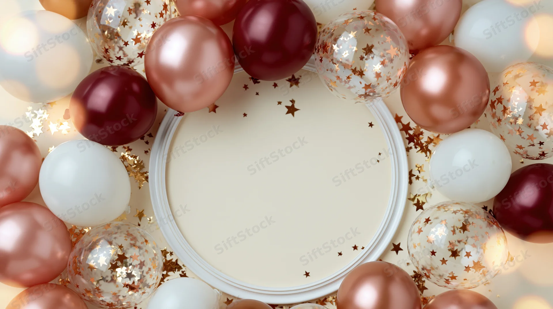 Circular frame surrounded by rose gold burgundy and white balloons with star confetti for birthday greeting card flat lay
