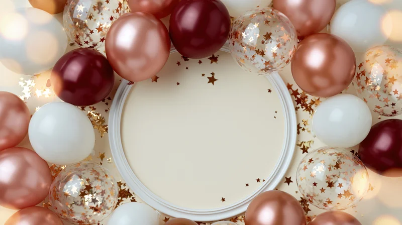Circular frame surrounded by rose gold burgundy and white balloons with star confetti for birthday greeting card flat lay