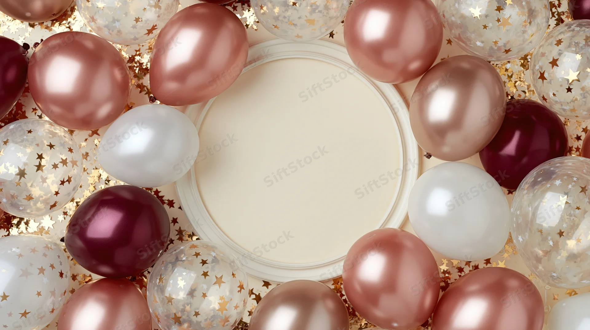 Flat lay of rose gold, burgundy, and white balloons with glitter confetti arranged around a circular card mockup for birthday celebration