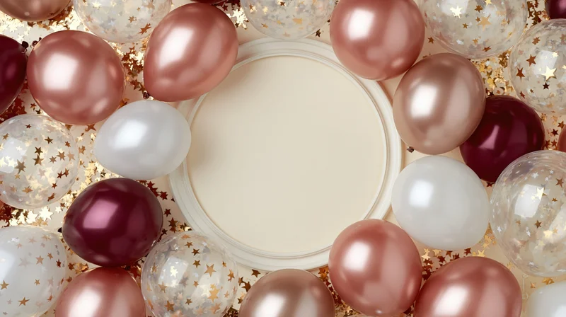 Flat lay of rose gold, burgundy, and white balloons with glitter confetti arranged around a circular card mockup for birthday celebration