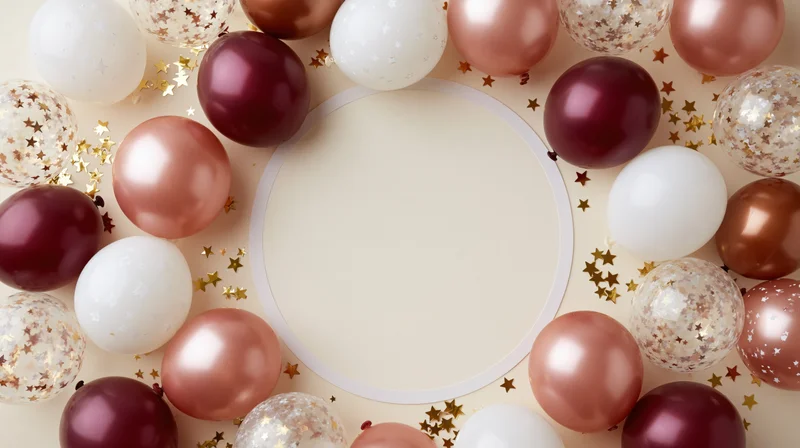 Flat lay of rose gold, burgundy and white balloons with gold stars arranged around a circular frame on a light surface