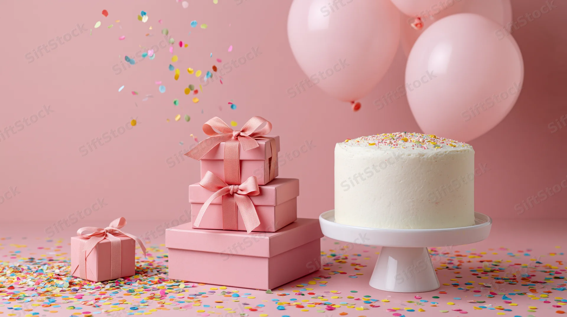 White frosted birthday cake with pink gift boxes and balloons on a pink surface scattered with confetti