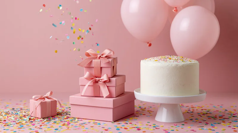 White frosted birthday cake with pink gift boxes and balloons on a pink surface scattered with confetti